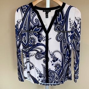 INC Blue Black White Paisley Top